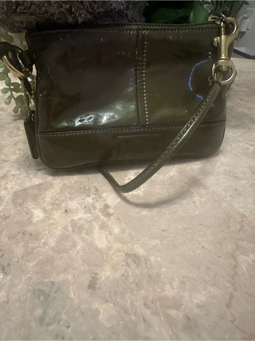 Vintage Coach Olive Green Patent Leather Wristlet Bag